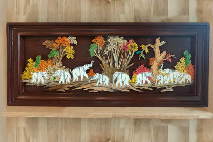 Traditional Indian Wooden Inlay Painting - 3D Elephants in Jungle