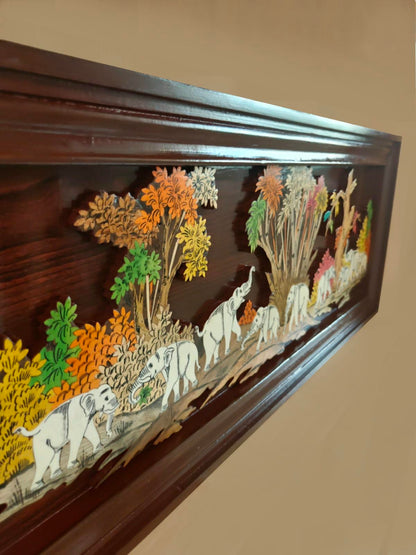 Traditional Indian Wooden Inlay Painting - 3D Elephants in Jungle
