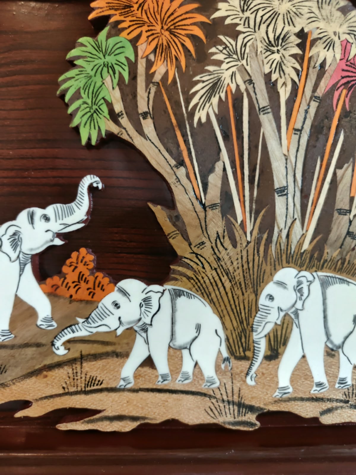 Traditional Indian Wooden Inlay Painting - 3D Elephants in Jungle