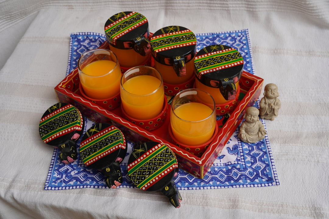 Glass Set With Wooden Elephant Lid and Wooden Tray