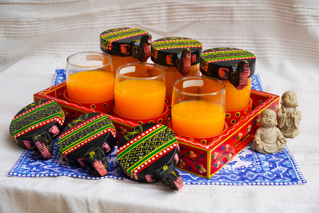 Glass Set With Wooden Elephant Lid and Wooden Tray